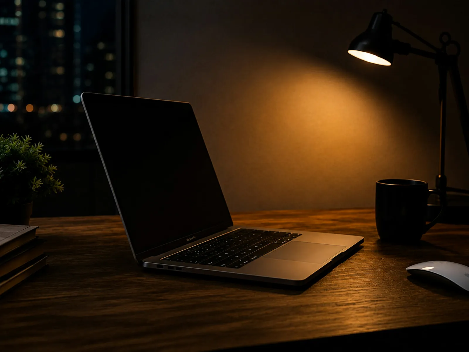 Laptop auf einem Holzschreibtisch im Licht einer Schreibtischlampe