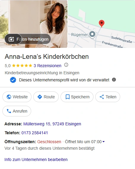 Google-Unternehmensprofil von Anna-Lena’s Kinderkörbchen mit Adresse, Öffnungszeiten, Telefonnummer und Bewertungen.
